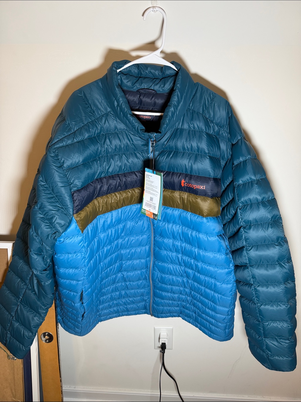 Cotopaxi Fuego Down Jacket Men’s Teal, Blue & Olive Colorblock Packable Jacket